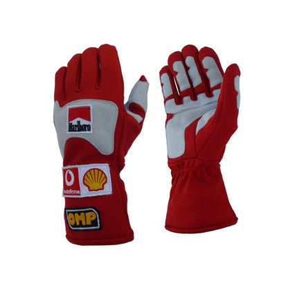 Red and white Michael Schumacher 2006 F1 Race gloves with multiple brand logos on a white background
