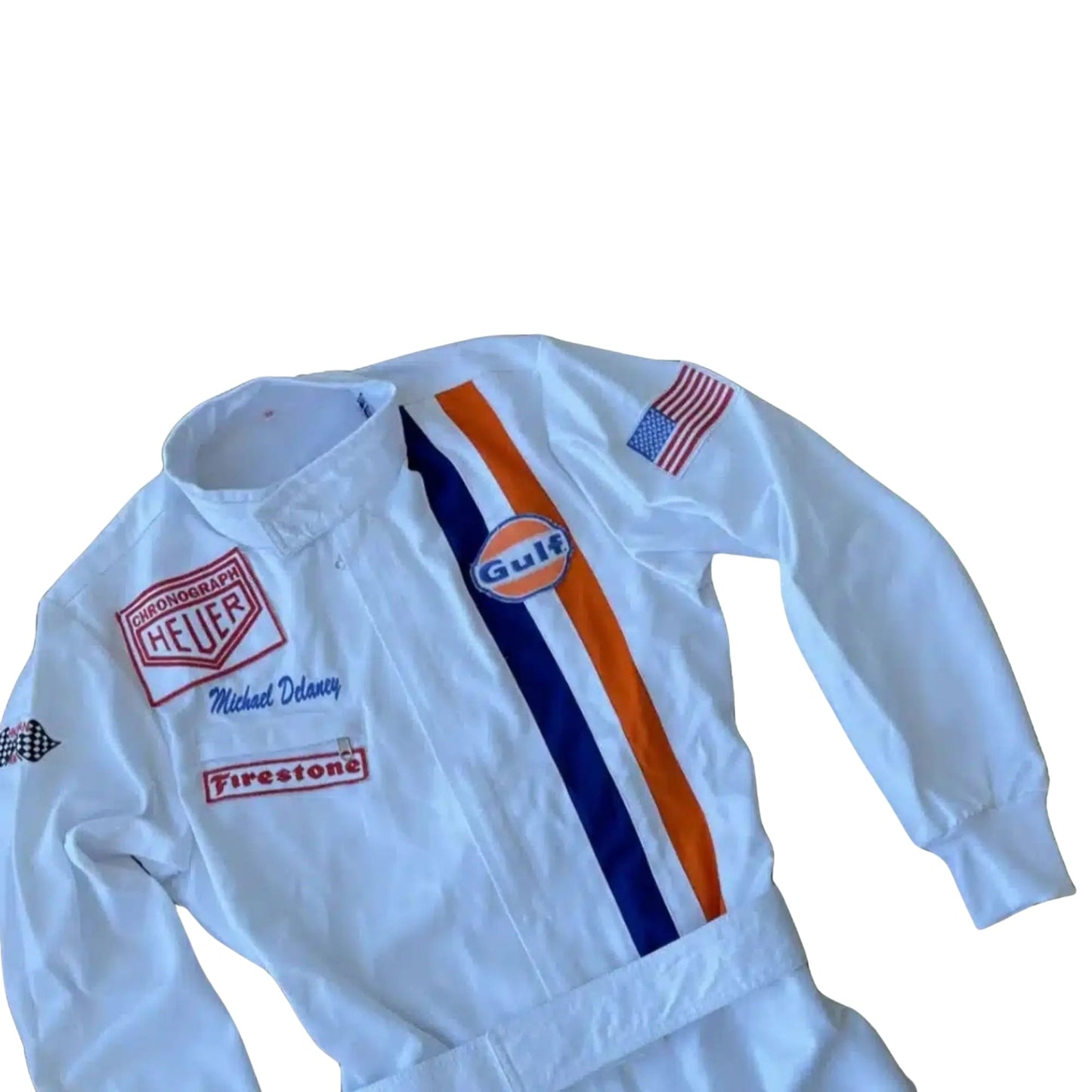 Michael Delaney Steve McQueen 1971 leman f1 movie racing suit with sponsor logos on a white background