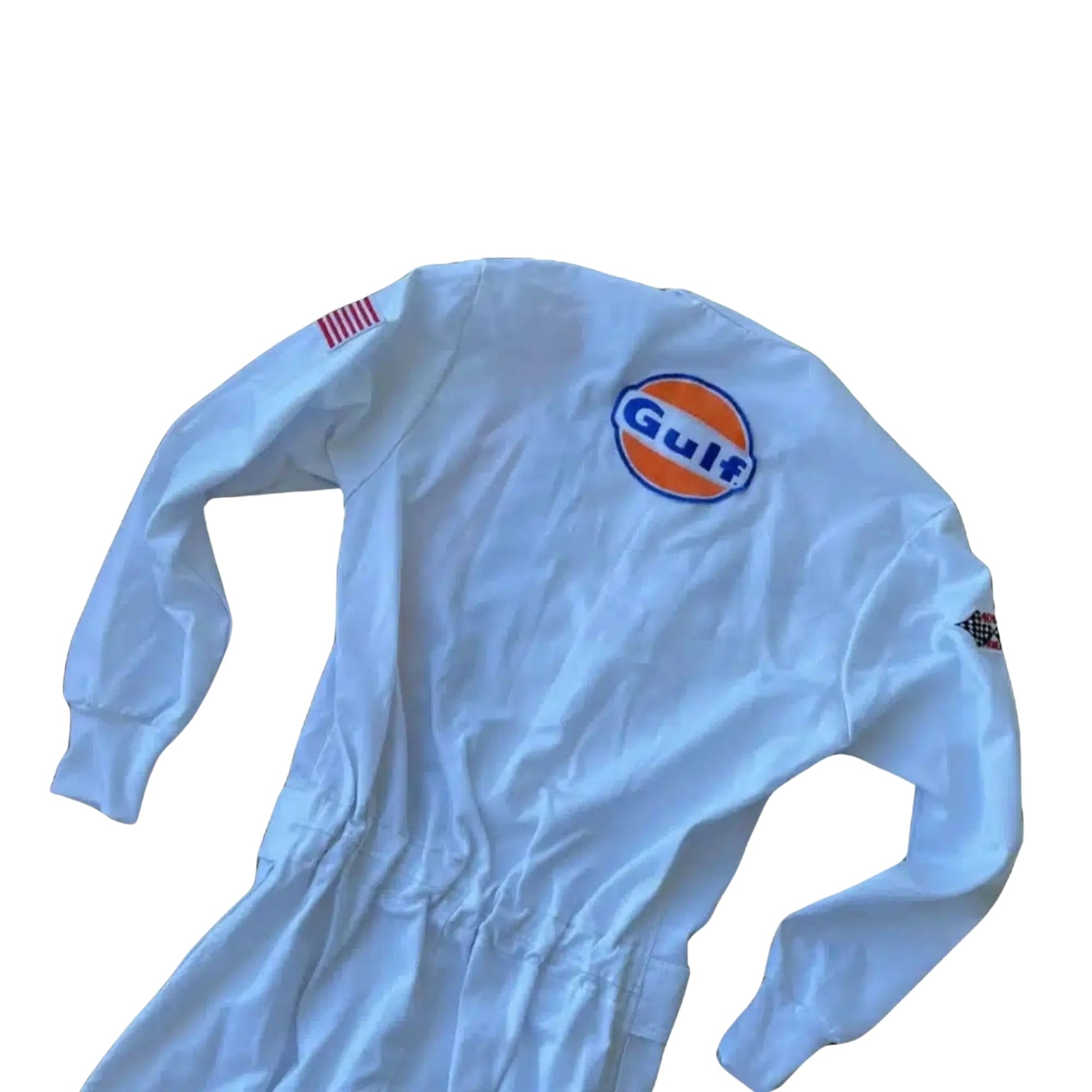 Rear shot of the 1971 Le Mans racing suit from Steve McQueen’s role as Michael Delaney, highlighting clean tailoring, minimalistic back panel, and retro silhouette.