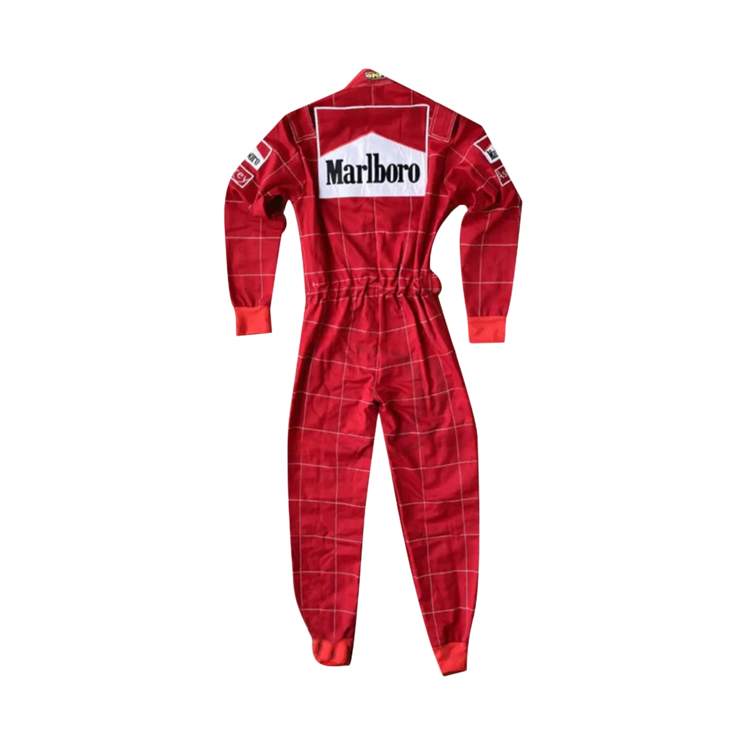 Backside of Schumacher’s 1996 race suit, showcasing Ferrari red and white design with classic sponsor patches, marking his first season