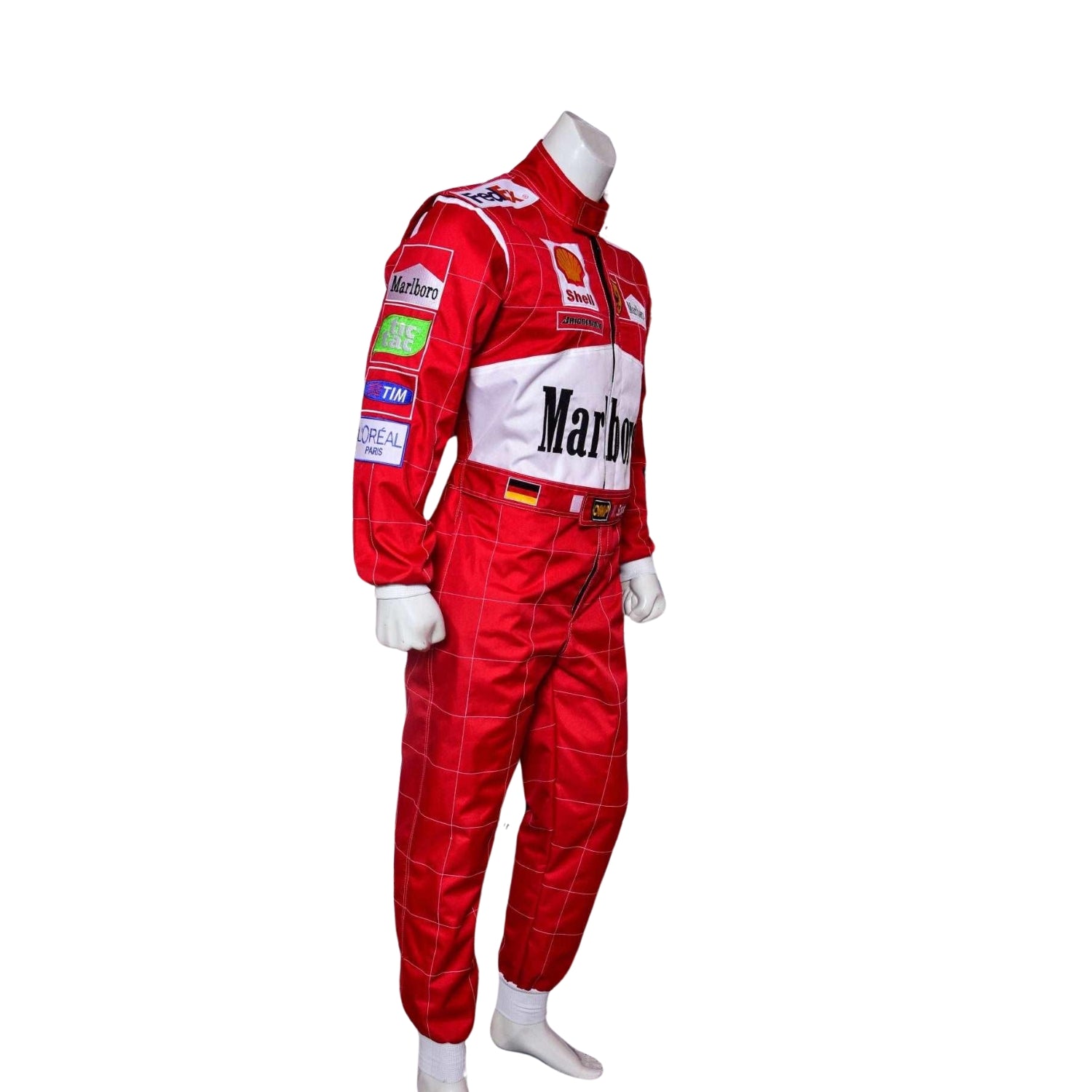 Side profile of Schumacher’s 2000 racing suit, displaying Ferrari red and clean white stripes along the torso with sponsor logos from his dominant 2000 season.