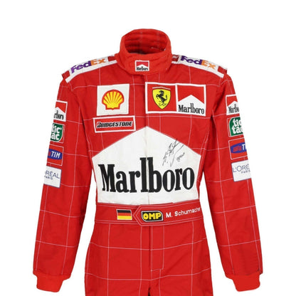 Ferrari 2002 Red f1 racing suit with various sponsor logos on a white background