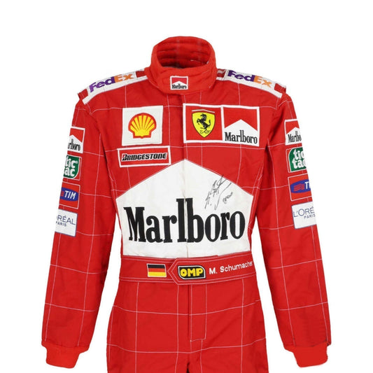 Ferrari 2002 Red f1 racing suit with various sponsor logos on a white background