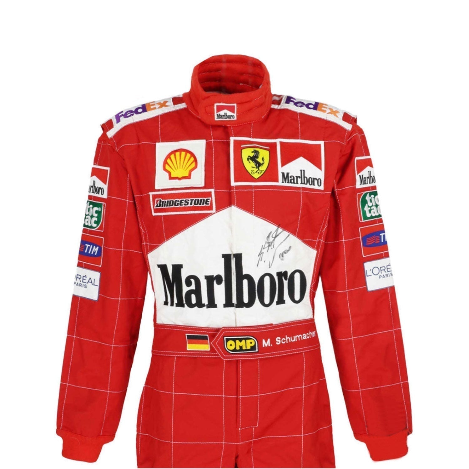 Close-up of Schumacher’s 2004 F1 suit, showing high-quality red fabric, tight white stitching, and finely printed sponsor details true to the original.