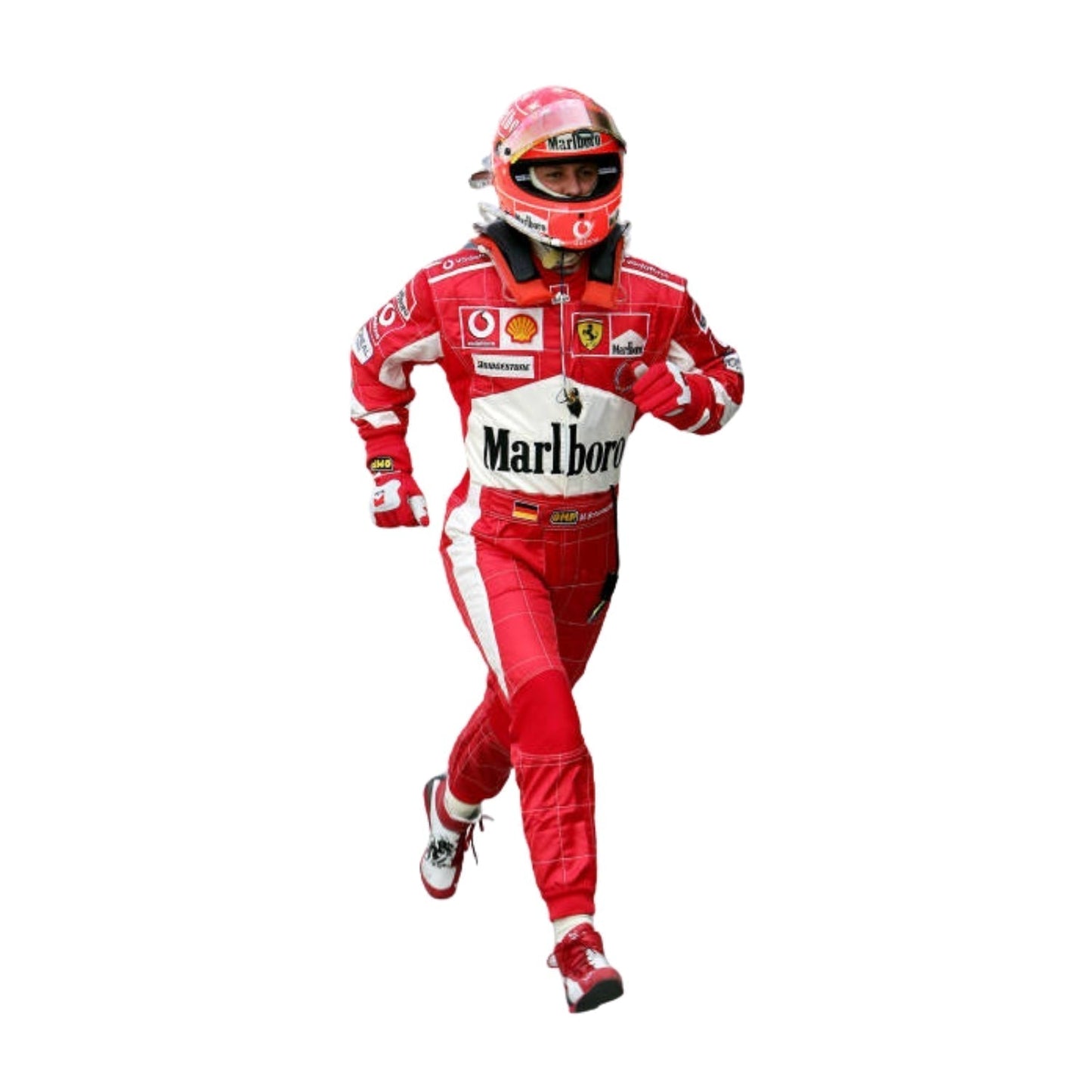 Front view of Michael Schumacher’s 2005 F1 racing suit in signature Ferrari red, with intricate white embroidery and sponsor detailing from the 2005 season.