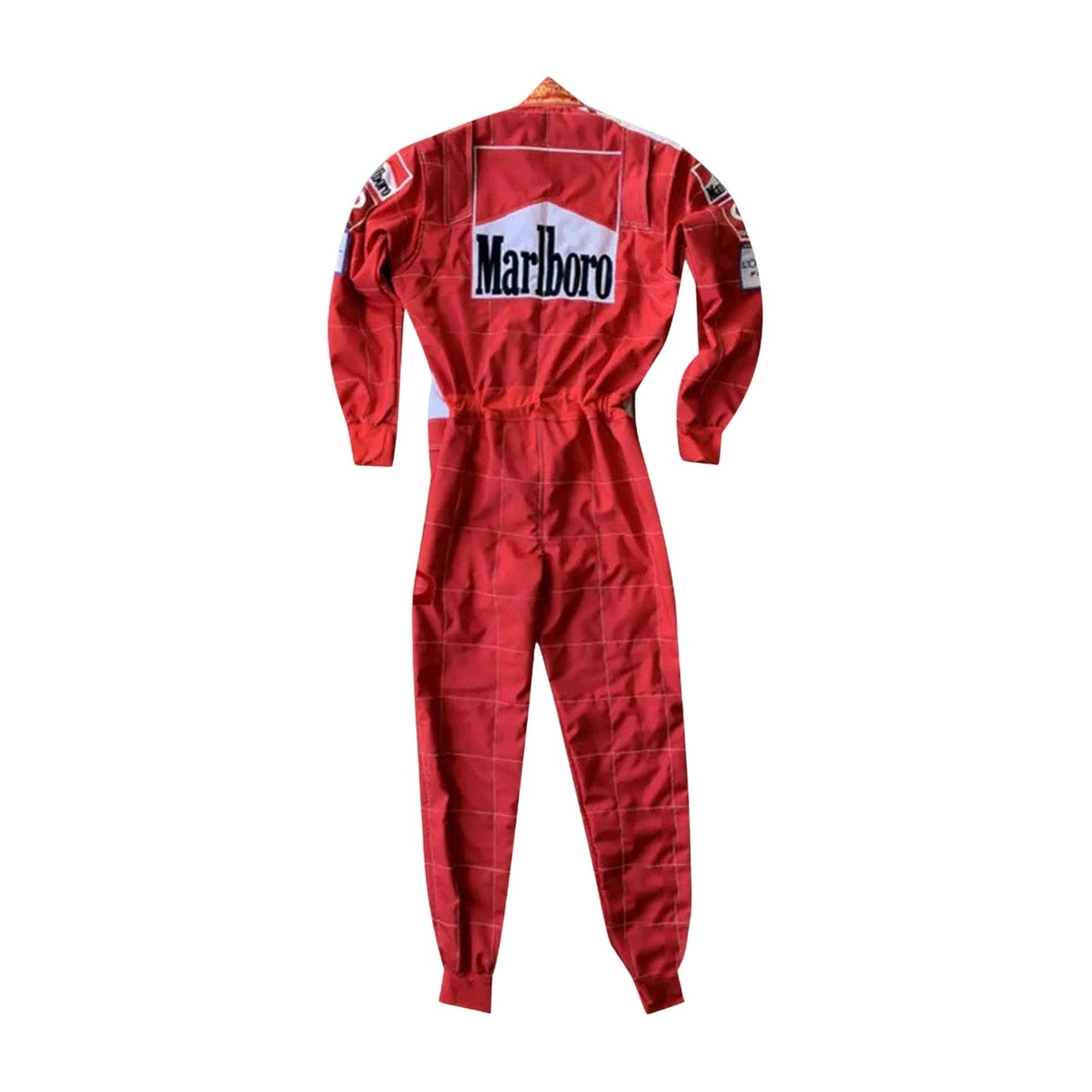 Backside of Schumacher’s 2005 Ferrari F1 suit showcasing a full red design with bold white stitched logos and commemorative embroidery marks.
