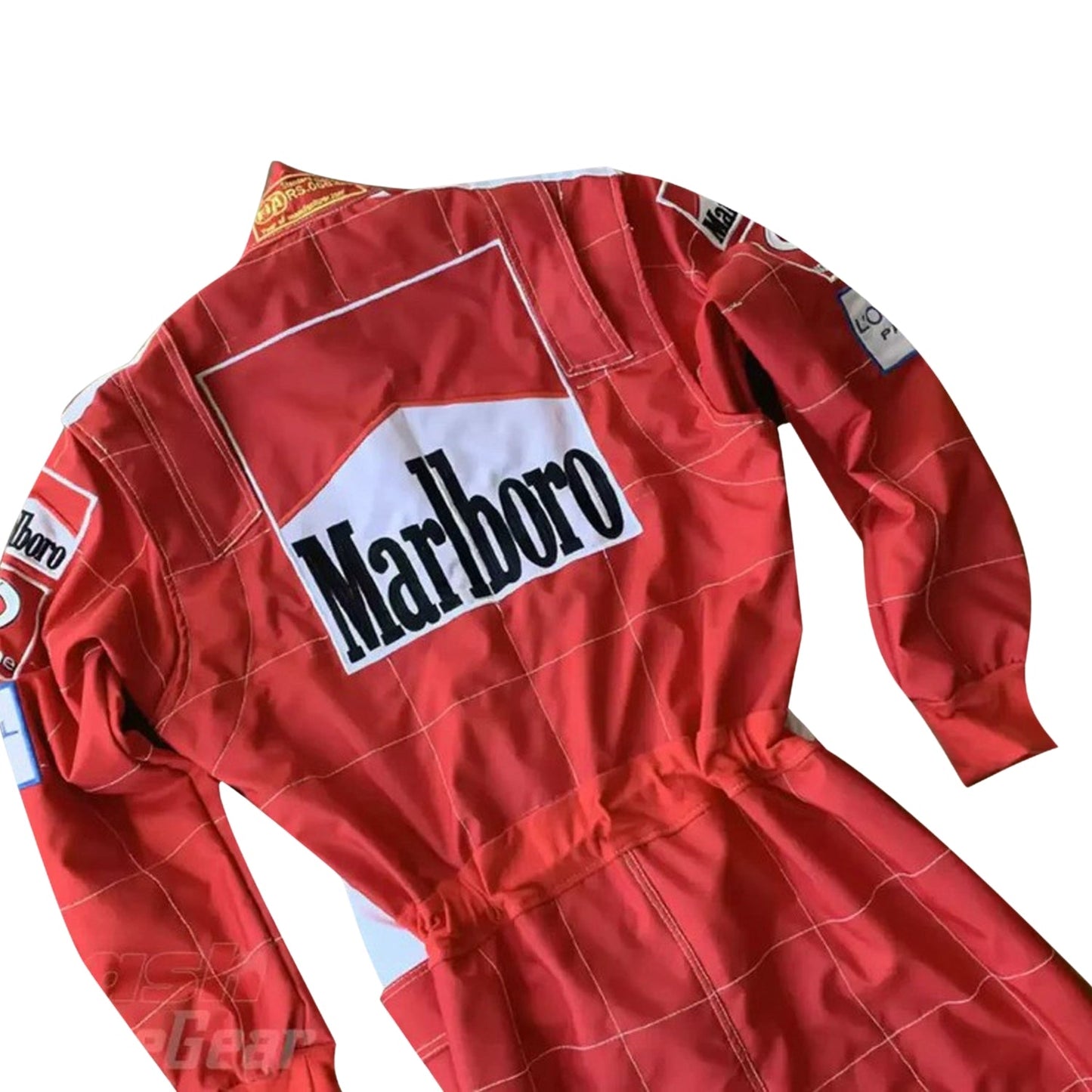 Backside of Schumacher’s 2005 Ferrari F1 suit showcasing a full red design with bold white stitched logos and commemorative embroidery marks.