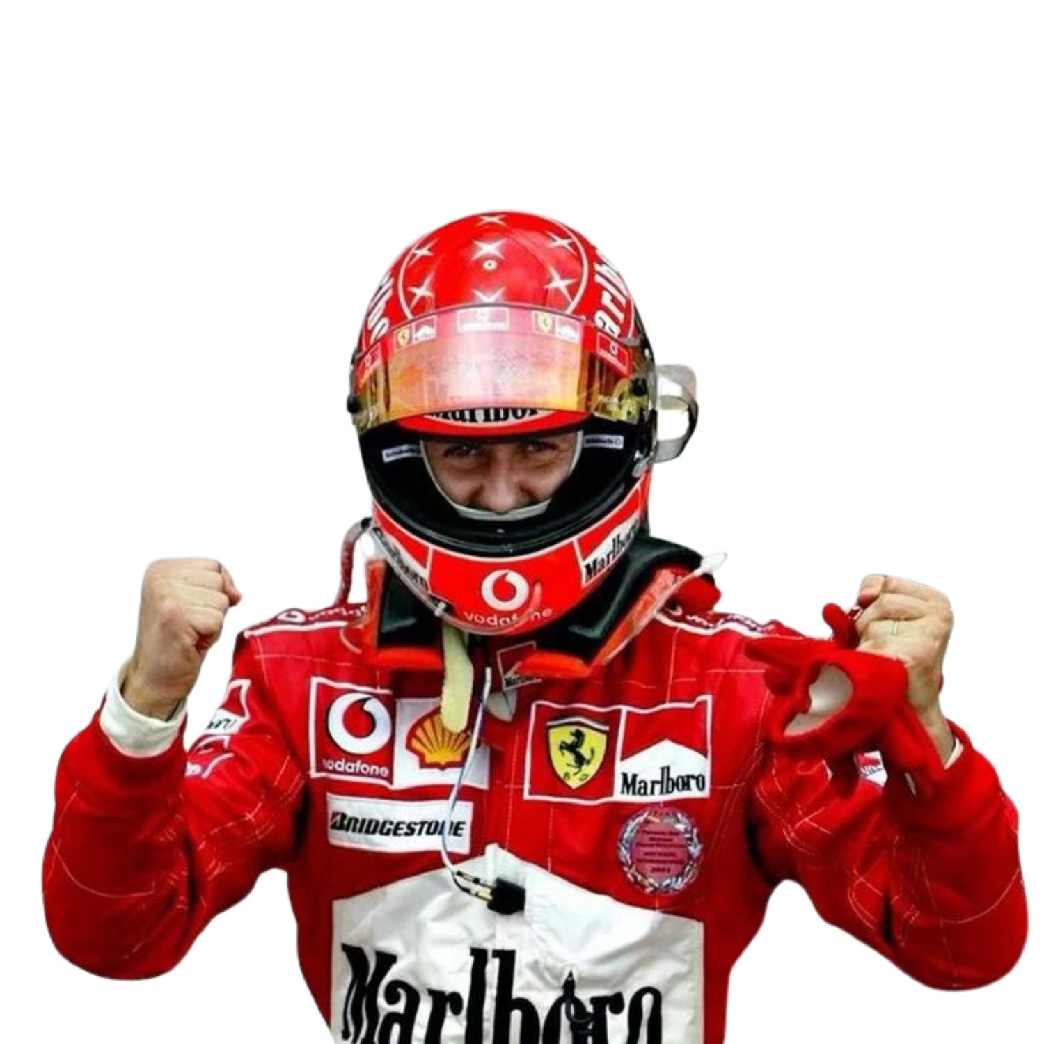 Close-up of the 2005 Schumacher suit highlighting fine embroidery, Ferrari red color tone, and precise stitching on race-worn sponsor badges.