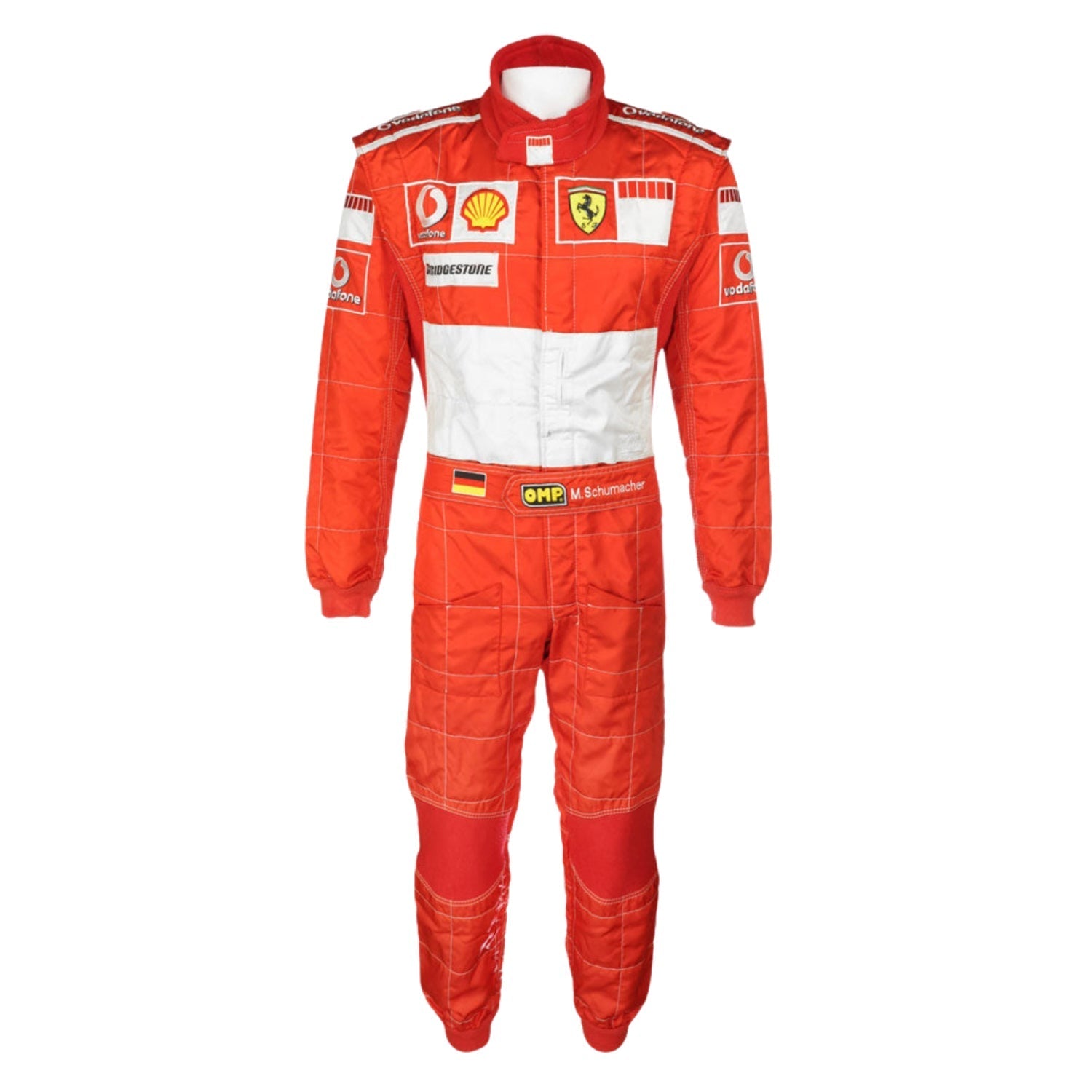 Michael Schumacher's Red Red Ferrari F1 racing suit in 2006, with multiple brand logos on a white background