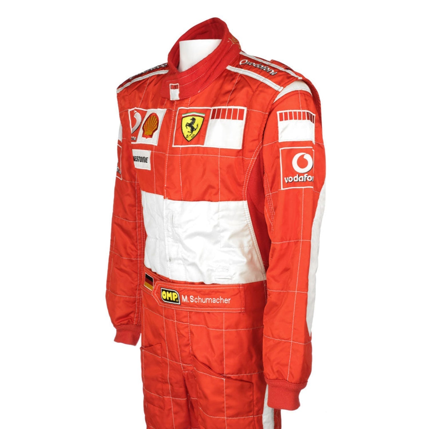 Red racing suit with various logos on a white background