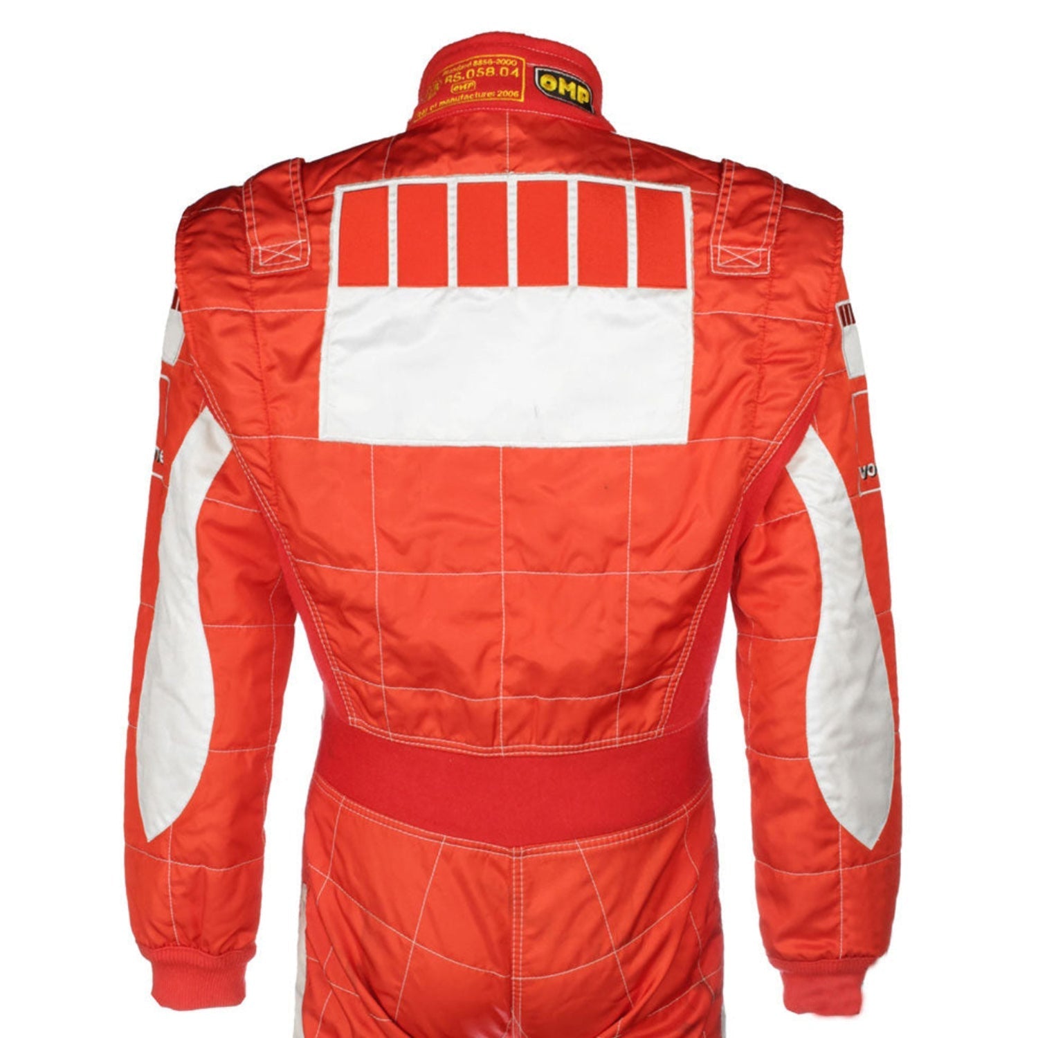 Red racing suit with white accents on a white background
