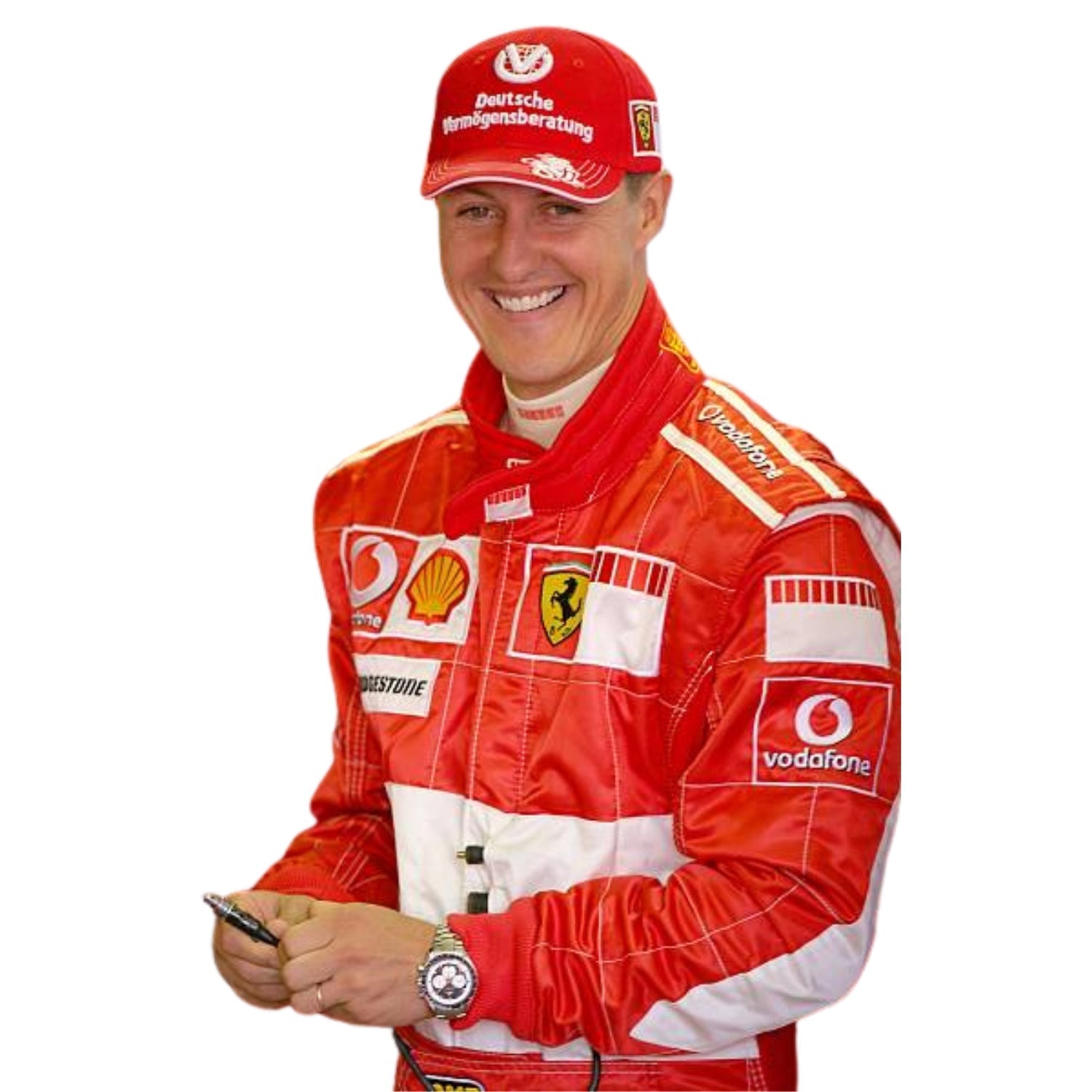 Person wearing a red racing suit with various sponsor logos on a white background