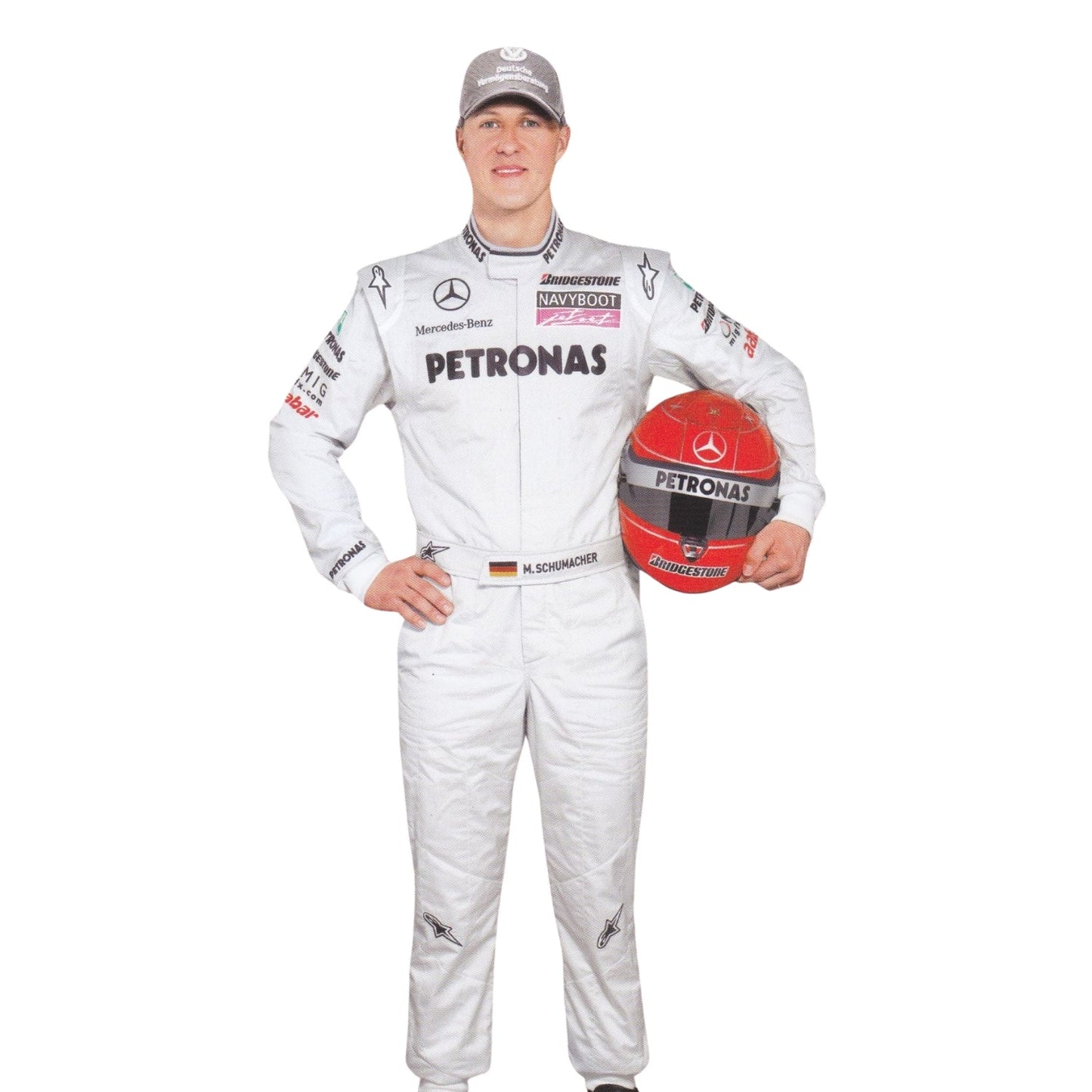 Front view of Michael Schumacher’s 2010 F1 racing suit in silver with green and black accents, featuring signature branding and structured design.