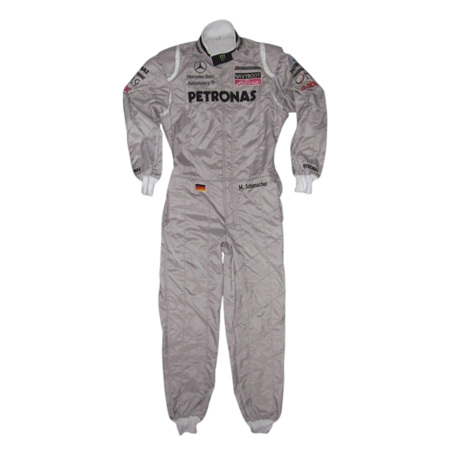 Front view of Michael Schumacher’s 2010 F1 racing suit in silver with green and black accents, featuring signature branding and structured design.