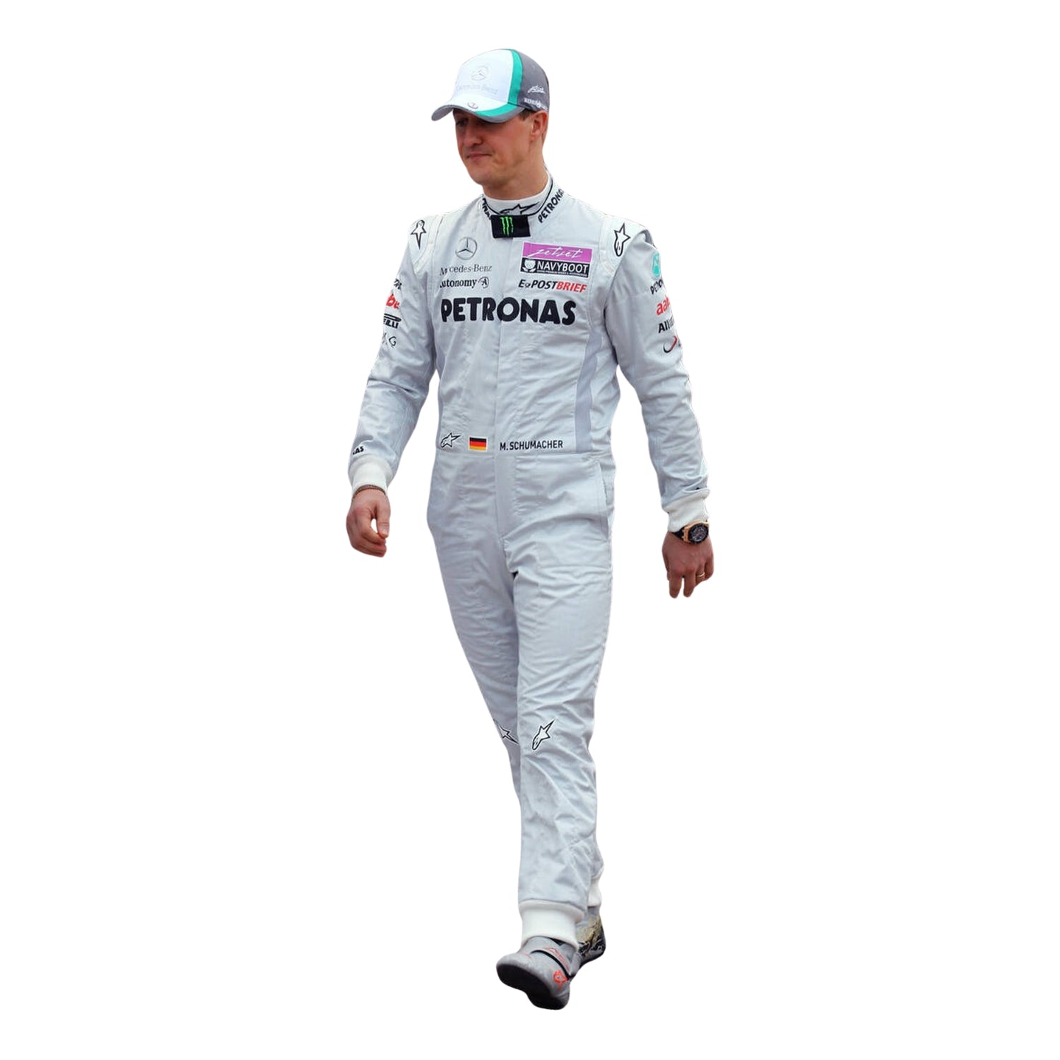 Front view of Michael Schumacher’s 2011 F1 racing suit in silver with green highlights, showcasing sponsor patches, front zip, and signature detailing.