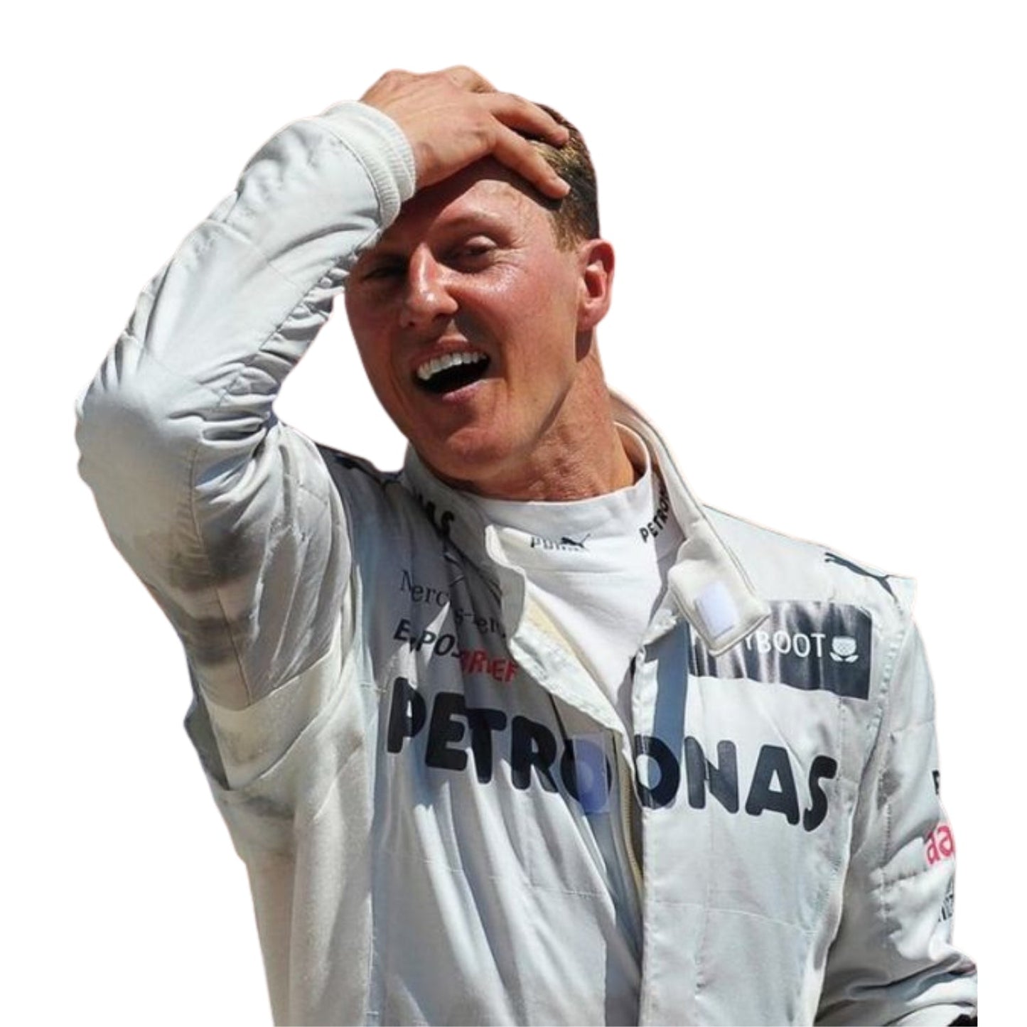 Close-up of the name embroidery and chest sponsor area on Schumacher’s 2012 racing suit, highlighting the stitching and race-worn textures.