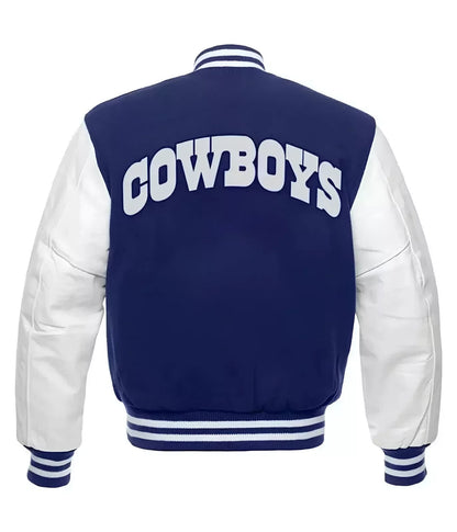 NFL Dallas Cowboys Royal Blue Body White Leather Sleeves varsity jacket men's
