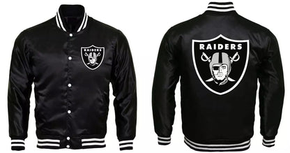 NFL Oakland Las Vegas Raiders Bomber Style Letterman Black Satin Varsity Jacket