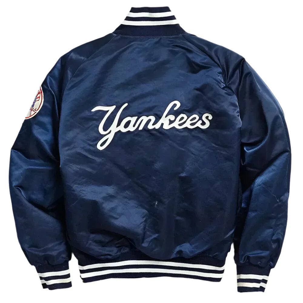 New York Yankees 90s Blue and White Satin Bomber Varsity Jacket For Men
