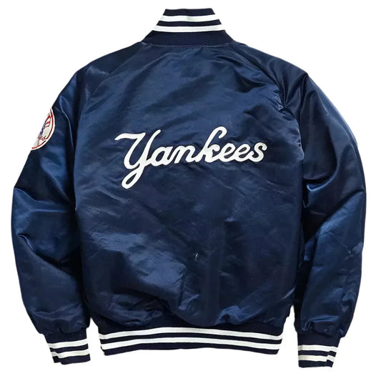 New York Yankees 90s Blue and White Satin Bomber Varsity Jacket For Men