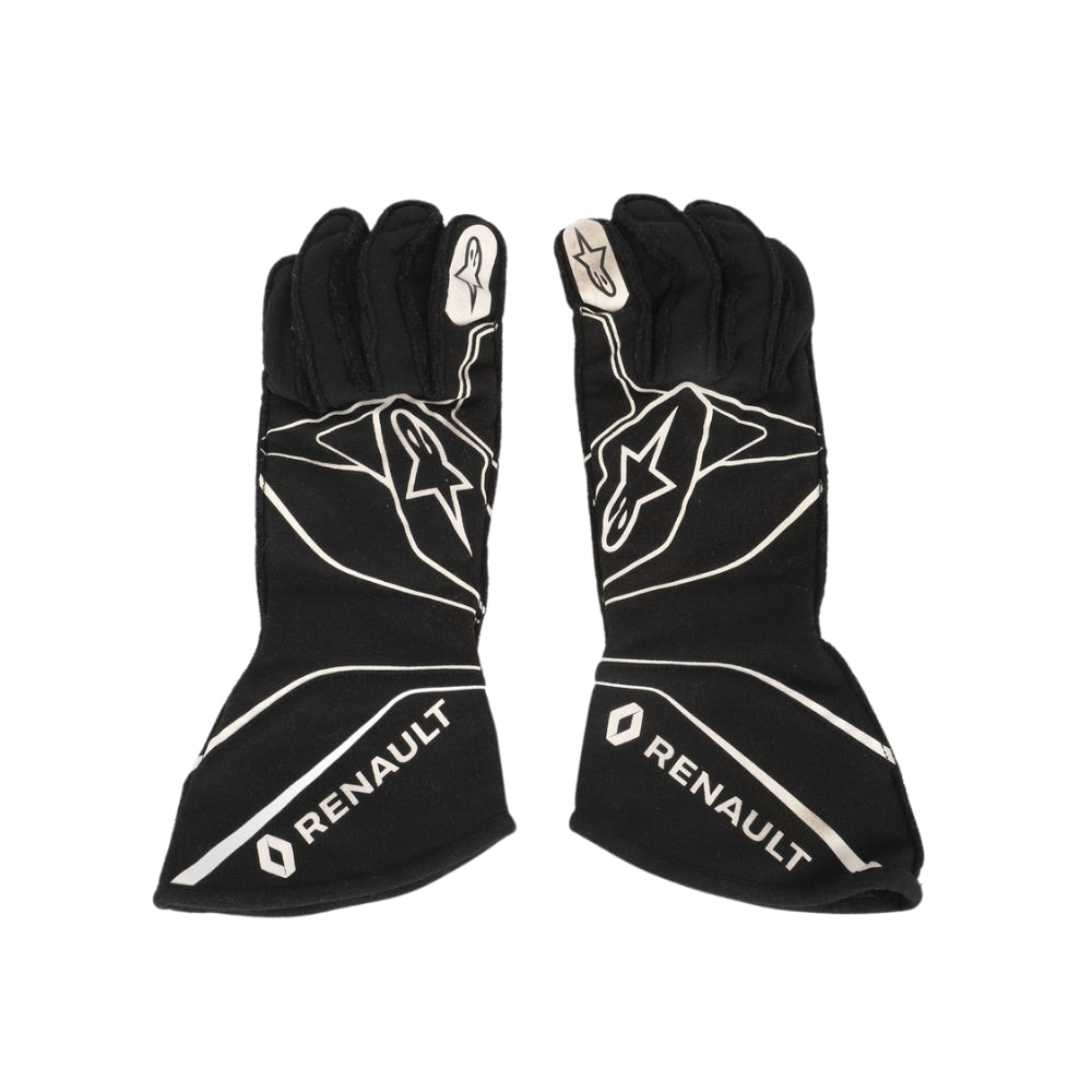Black Nico Hülkenberg 2017 F1 race gloves with Renault logo on a white background