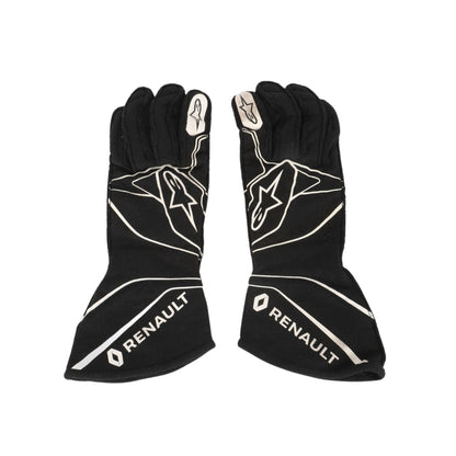Black Nico Hülkenberg 2017 F1 race gloves with Renault logo on a white background