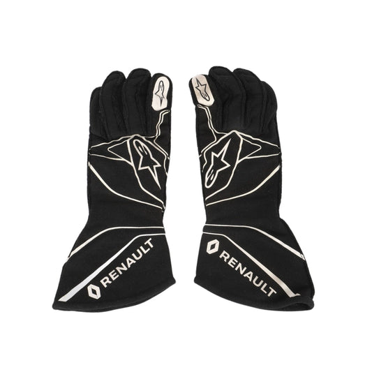 Black Nico Hülkenberg 2017 F1 race gloves with Renault logo on a white background