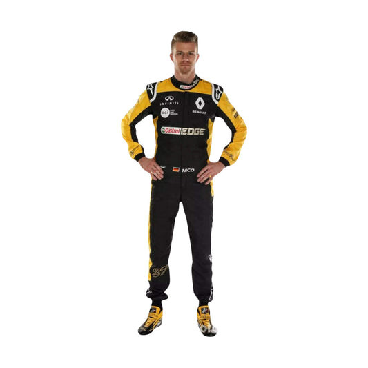Full-body view of Nico Hulkenberg’s 2018 F1 racing suit, showcasing the sponsor logos, ergonomic design, and features that ensure mobility and high performance on the racetrack.

