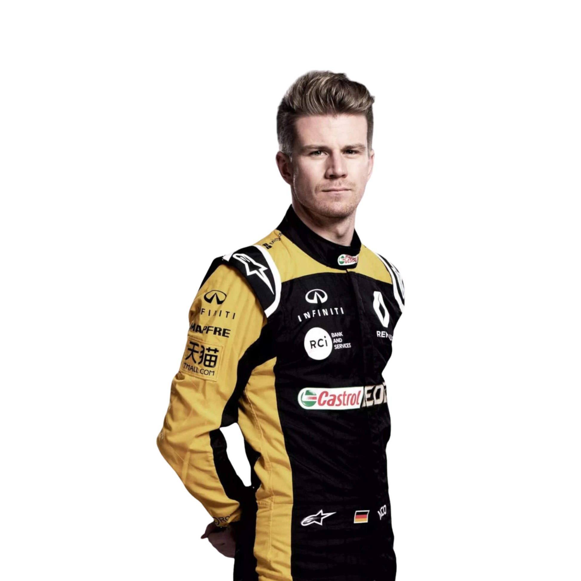 Left side view of Nico Hulkenberg’s 2018 F1 racing suit, displaying sponsor patches and an aerodynamic fit designed to provide flexibility and comfort for the driver.