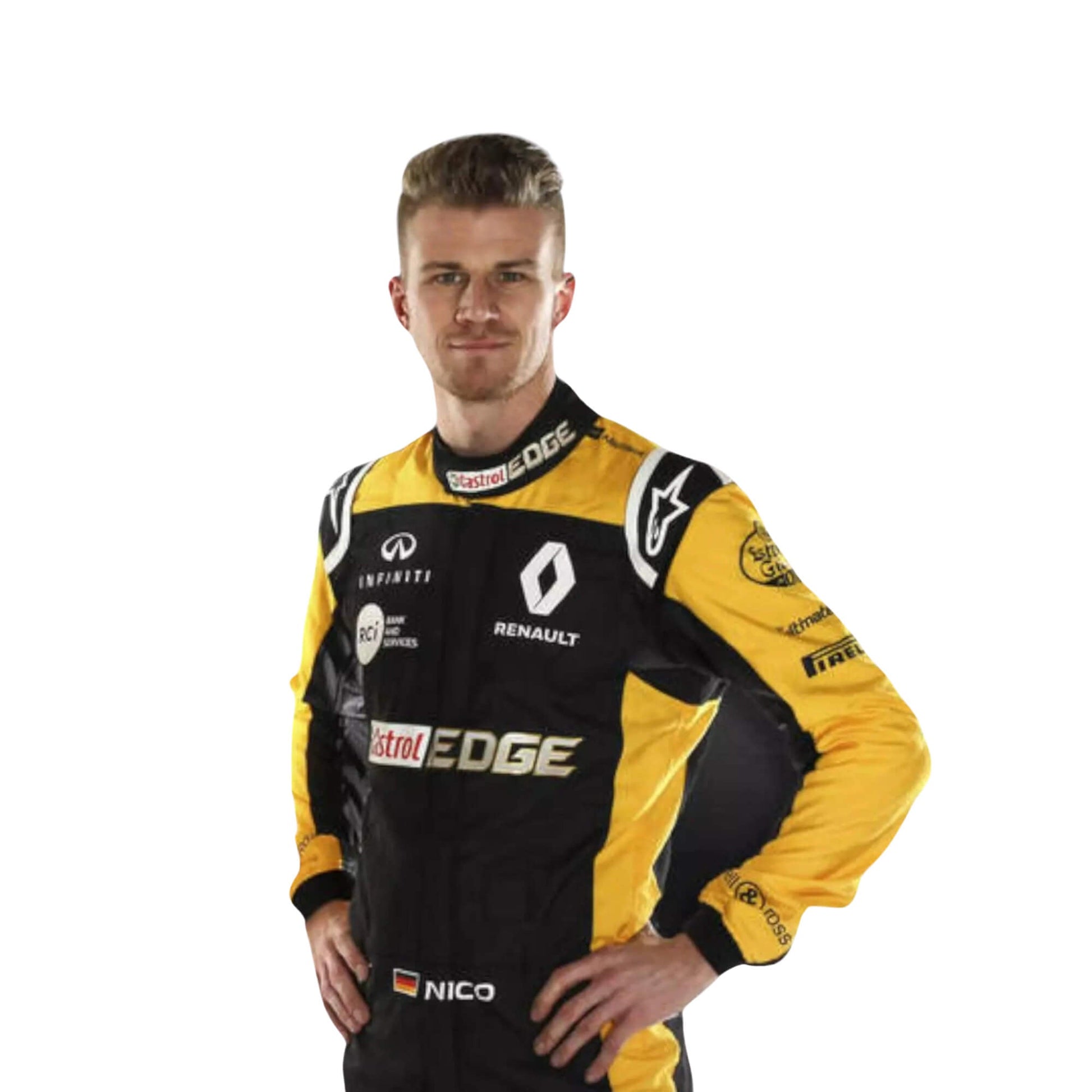 Close-up of the chest area of Nico Hulkenberg’s 2018 F1 racing suit, focusing on the embroidered sponsor logos and the breathable material for optimal comfort during fast-paced races.