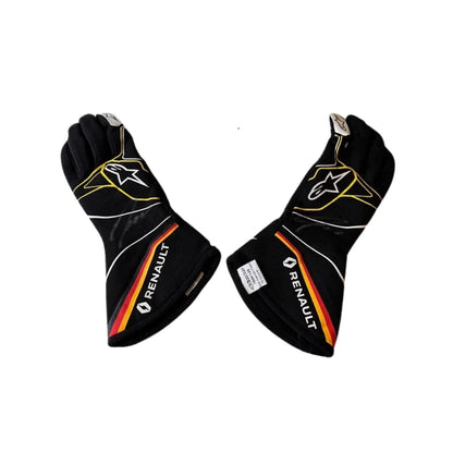 Pair of black Nico Hülkenberg 2019 F1 race gloves with Renault logo on a white background