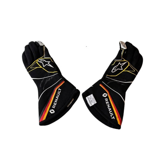 Pair of black Nico Hülkenberg 2019 F1 race gloves with Renault logo on a white background