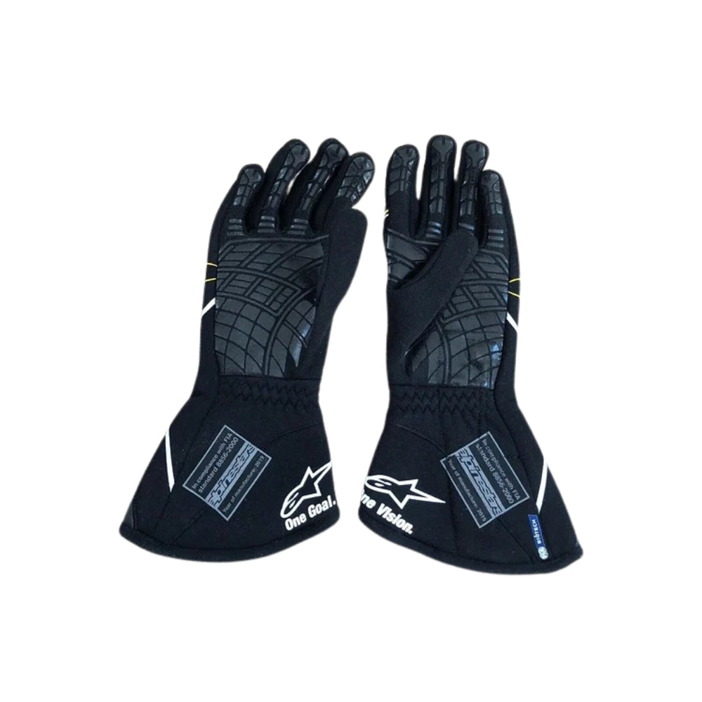 Pair of black Nico Hülkenberg 2019 F1 race gloves with brand logo on a white background