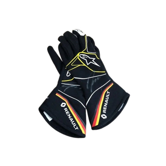 Black Nico Hülkenberg 2019 F1 race gloves with Renault logo on a white background