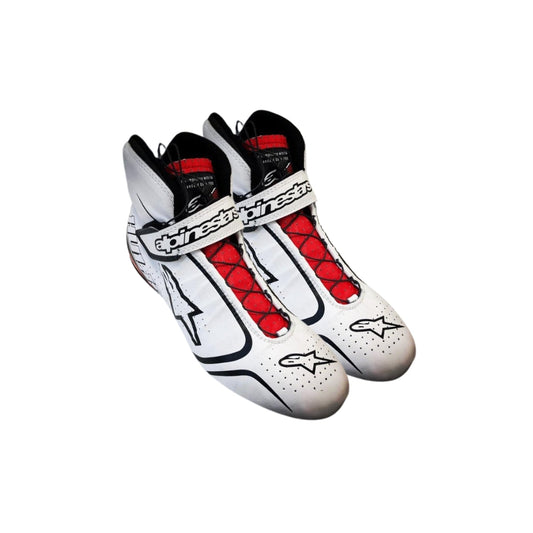 White and red Nico Hülkenberg 2019 F1 racing boots with black accents on a white background
