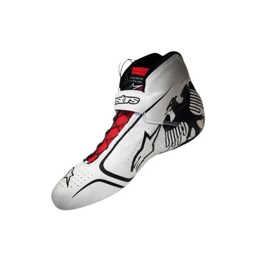 White high-top Nico Hülkenberg 2019 F1 race shoe with black and red accents on a white background