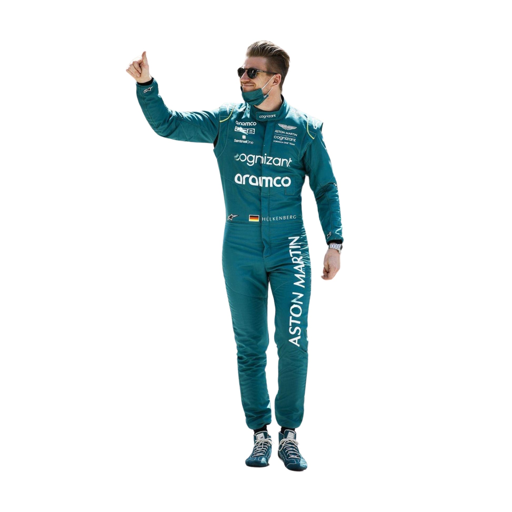 Side profile of Nico Hülkenberg's 2022 F1 suit in British racing green, showcasing the streamlined fit and contrasting lime stripes along the sleeves.
