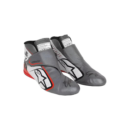 Gray and black Nico Hülkenberg 2023 Miami GP Weekend Worn F1 Racing boots with red accents on a white background
