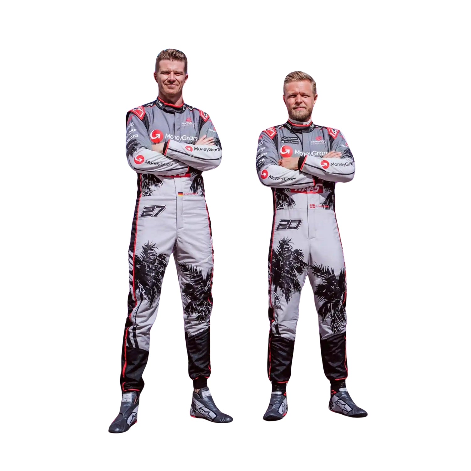 Nico Hülkenberg and Kevin Magnussen captured mid-action wearing his 2023 Miami Grand Prix racing suit, the vibrant pastel colors and tropical patterns accentuating the dynamic movement and modern design of the suit.