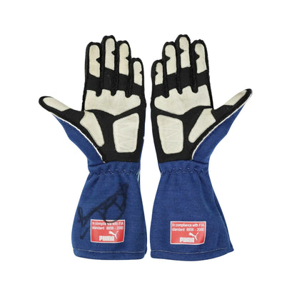 Pair of blue Nico Rosberg 2007 F1 race gloves with white and black accents on a white background