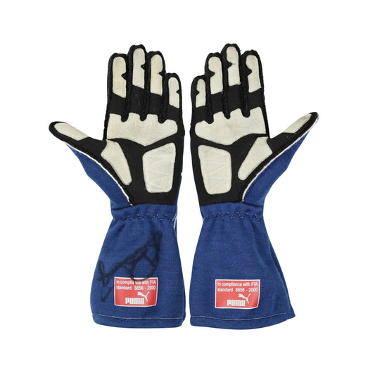 Pair of blue Nico Rosberg 2007 F1 race gloves with white and black accents on a white background