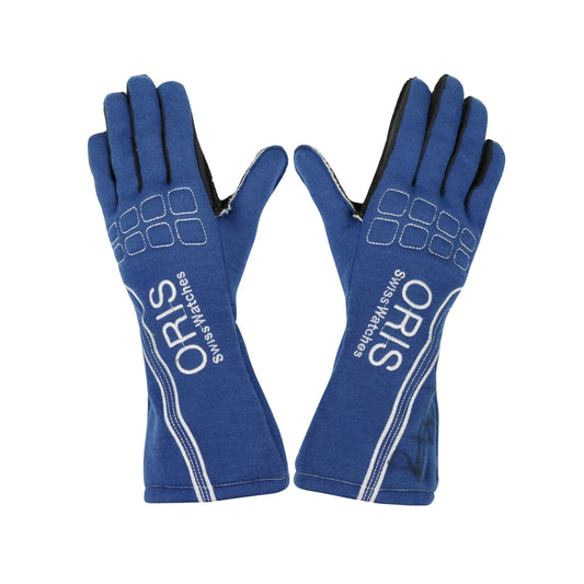 Pair of blue Nico Rosberg 2007 F1 race gloves with 'ORIS' branding on a white background