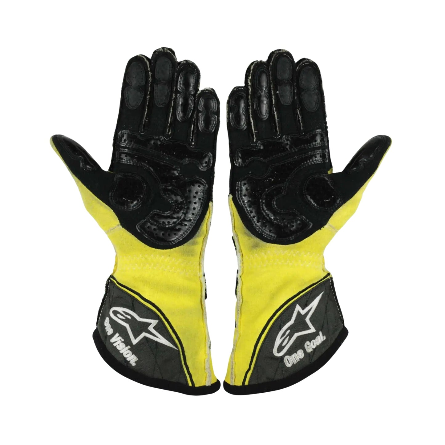 Pair of black and yellow Nico Rosberg 2011 F1 race gloves with a brand logo on a white background