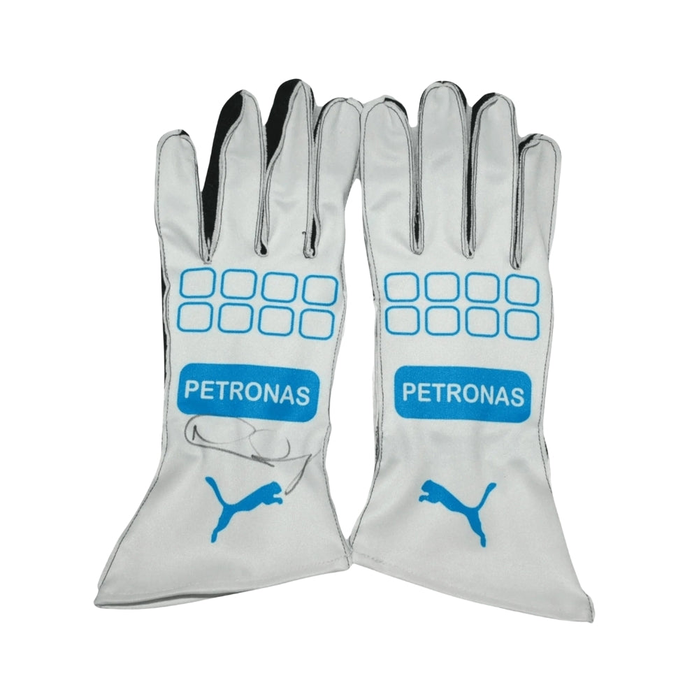 Pair of white Nico Rosberg 2016 F1 Race gloves with Petronas and Puma logos on a white background