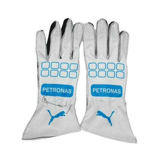 Pair of white Nico Rosberg 2016 F1 Race gloves with Petronas and Puma logos on a white background