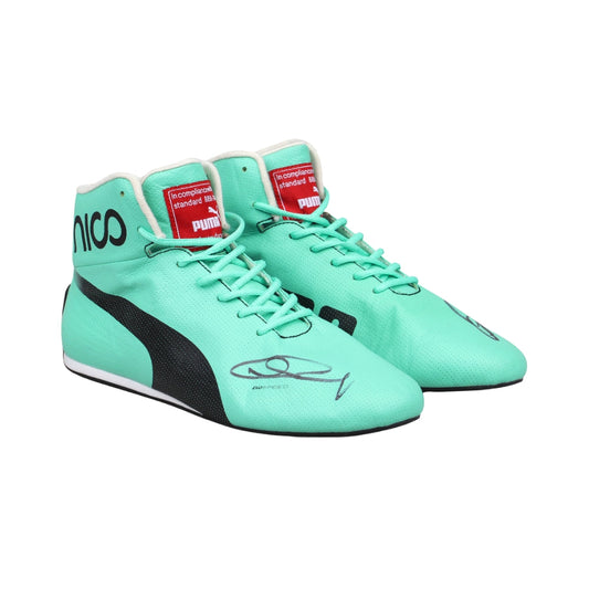 Turquoise high-top Nico Rosberg 2017 F1 Racing sneakers with black accents and red labels on a white background