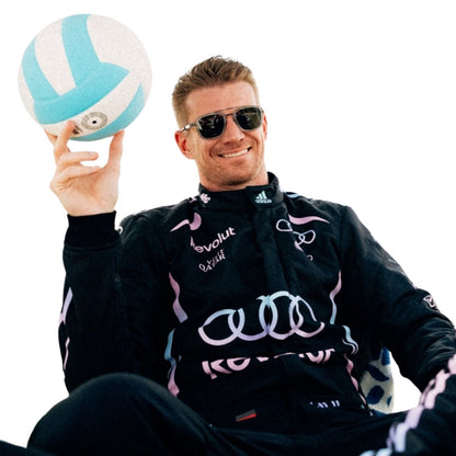 Nico Hulkenberg wearing a Audi Miami GP racing suit with various sponsor logos with Close View