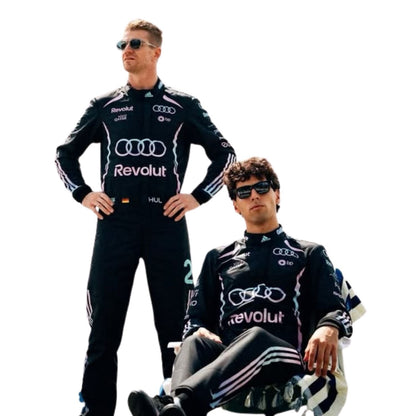 Nico Hulkenberg wearing a Audi Miami GP racing suit with various sponsor logos with Close View