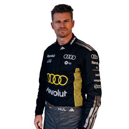 Nico Hulkenberg wearing a Audi Monaco GP racing suit with various sponsor logos with Close View