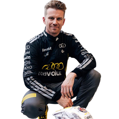 Nico Hulkenberg wearing a Audi Monaco GP racing suit with various sponsor logos with Close View